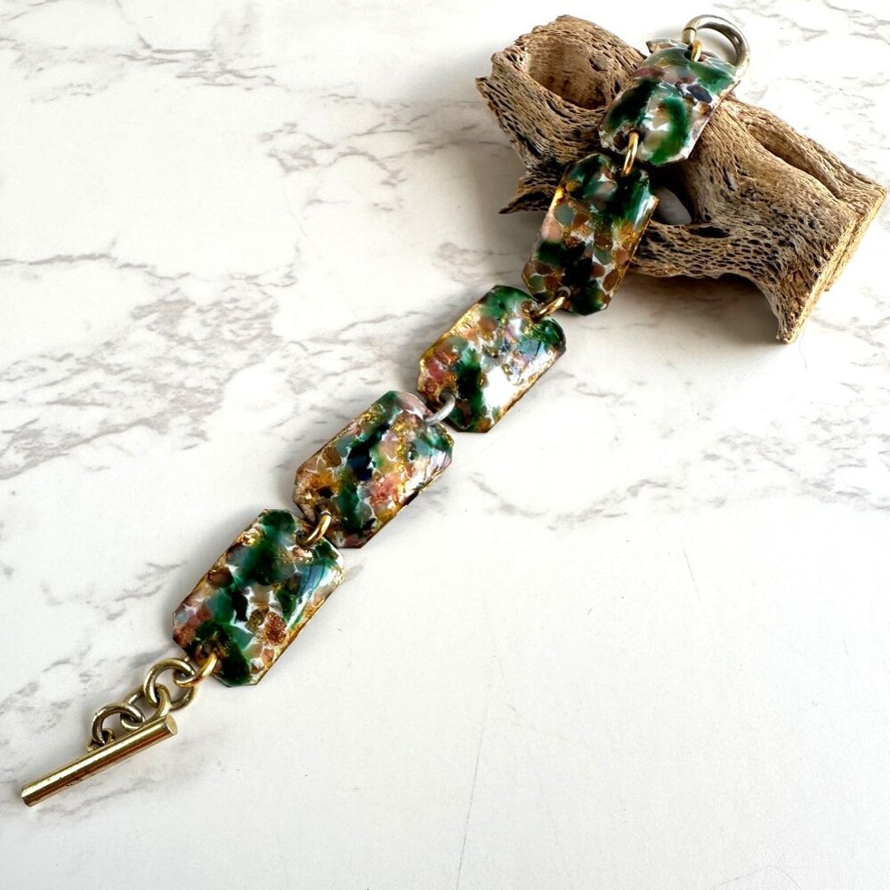 Copper & Enamel Panel Link Bracelet 7.5" With Toggle Clasp